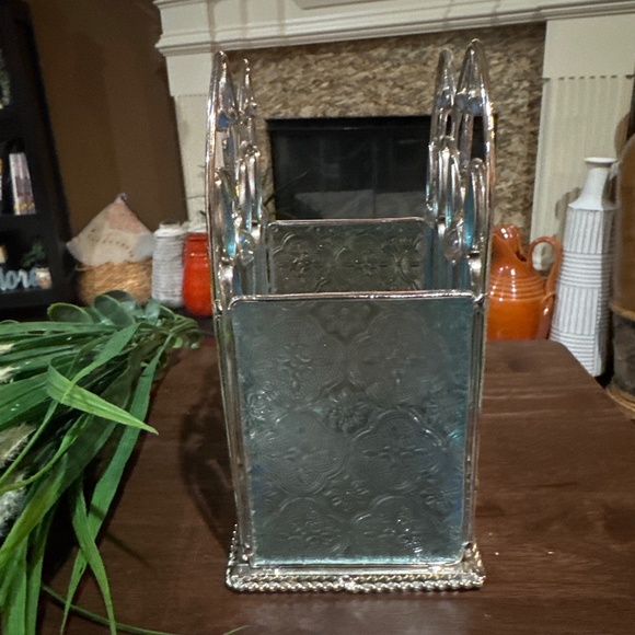 Handmade Artisan Cut-Stained Glass Art Noveau Candle Holder w/blue glass Crosses - Picture 2 of 8